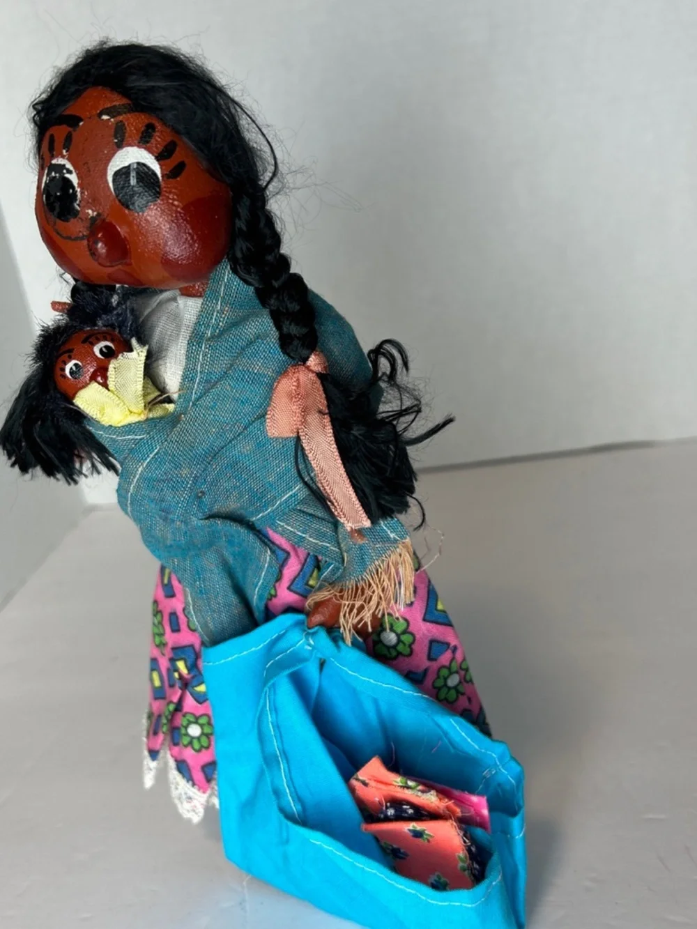 VTG Mexican Doll Mother w / Papoose Child Peddler Folk Art Handmade Rare 10